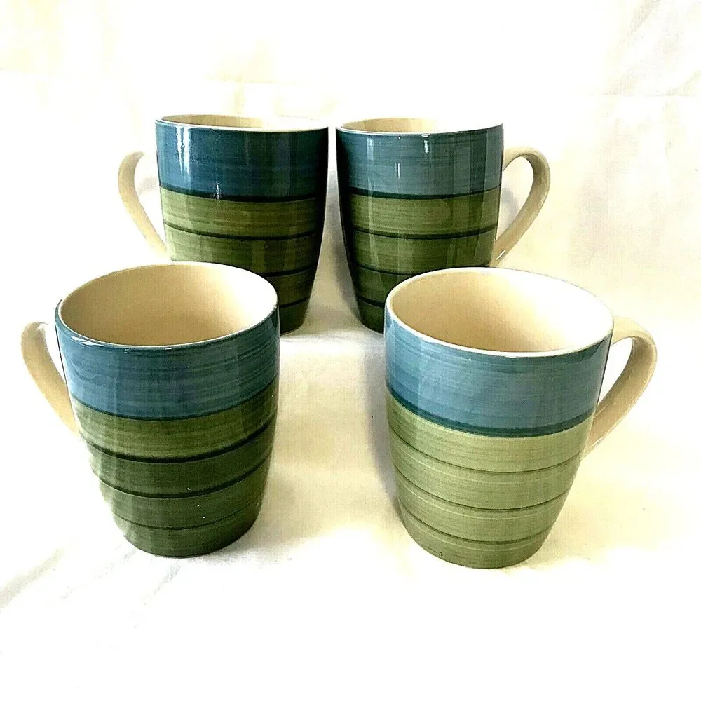 Pier 1 Stoneware Mugs Coffee Tea 4 Set RETIRED Stripe Blue Green Cabincore Beach